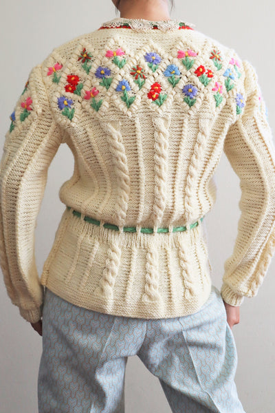 70s Hand Knit Colorful Flower German Folk Cardigan