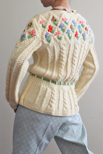 70s Hand Knit Colorful Flower German Folk Cardigan