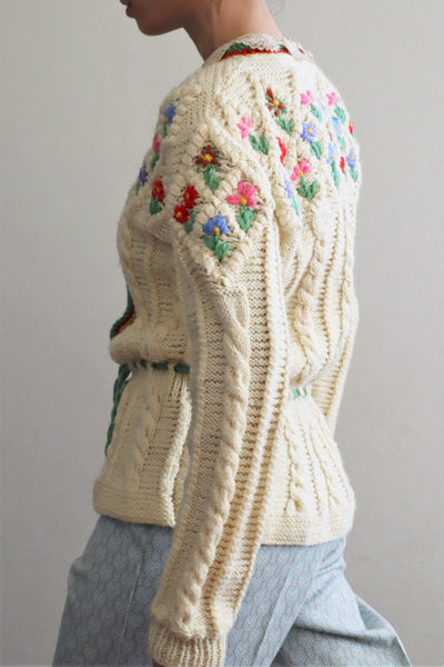 70s Hand Knit Colorful Flower German Folk Cardigan