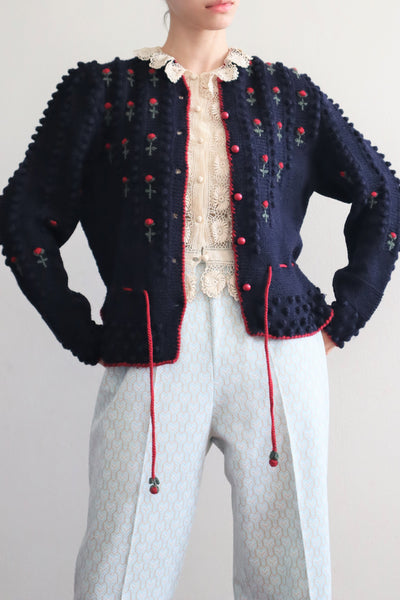80s 🌹 Hand Knit Navy German Folk Cardigan