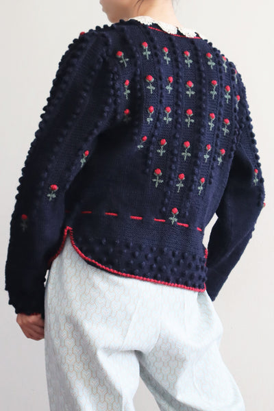 80s 🌹 Hand Knit Navy German Folk Cardigan
