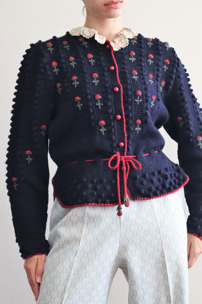 80s 🌹 Hand Knit Navy German Folk Cardigan
