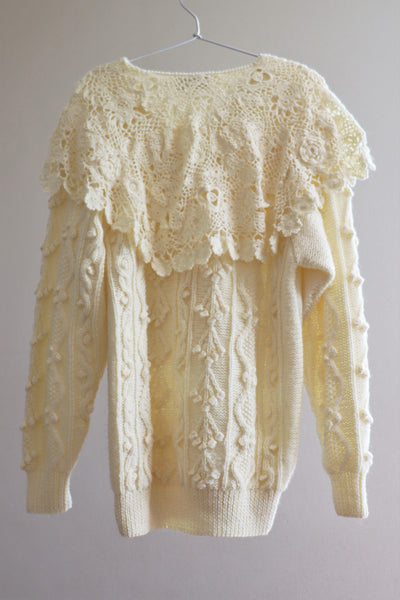80s Large Crochet Collar Sweater Cream