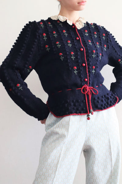 80s 🌹 Hand Knit Navy German Folk Cardigan