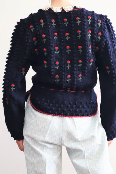 80s 🌹 Hand Knit Navy German Folk Cardigan