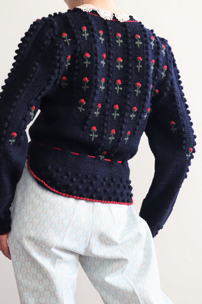 80s 🌹 Hand Knit Navy German Folk Cardigan