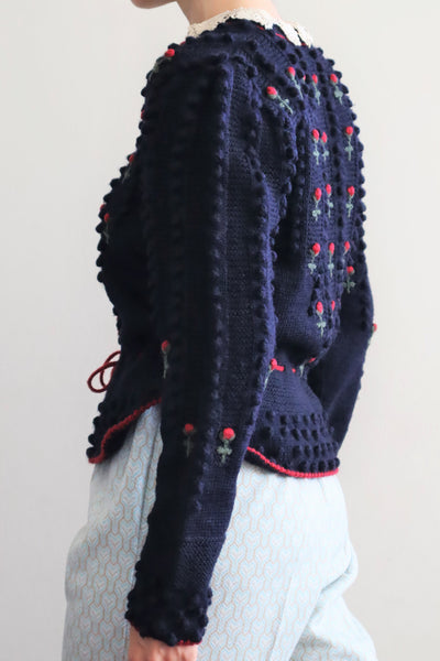 80s 🌹 Hand Knit Navy German Folk Cardigan