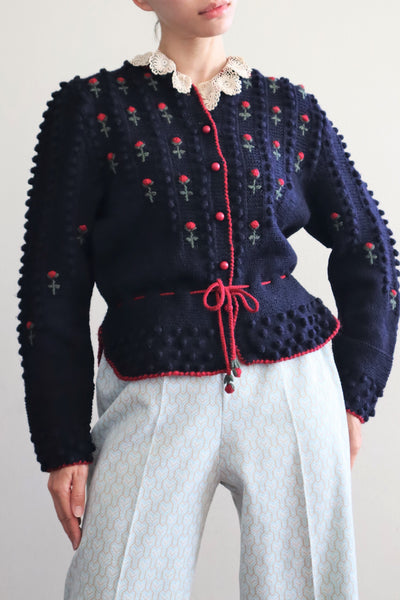 80s 🌹 Hand Knit Navy German Folk Cardigan