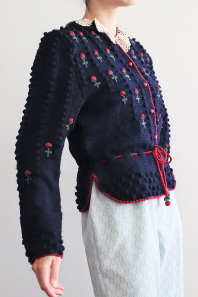 80s 🌹 Hand Knit Navy German Folk Cardigan