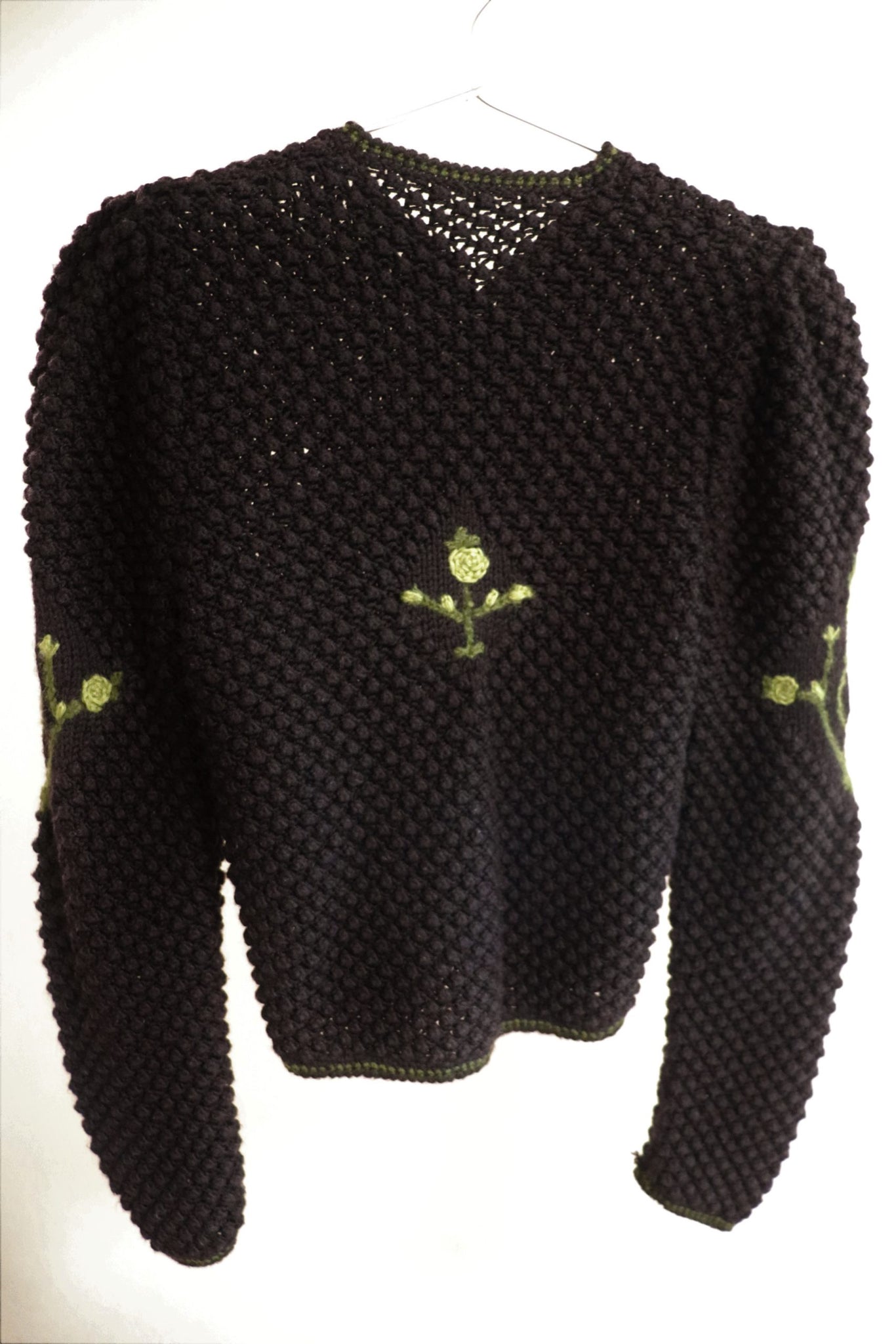 Vintage Austrian Hand knit Cardigan Embroidered Flowers Black XS