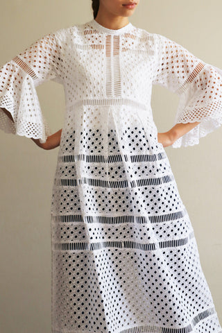 70s Bell Sleeve Cutwork Cotton Lace Dress