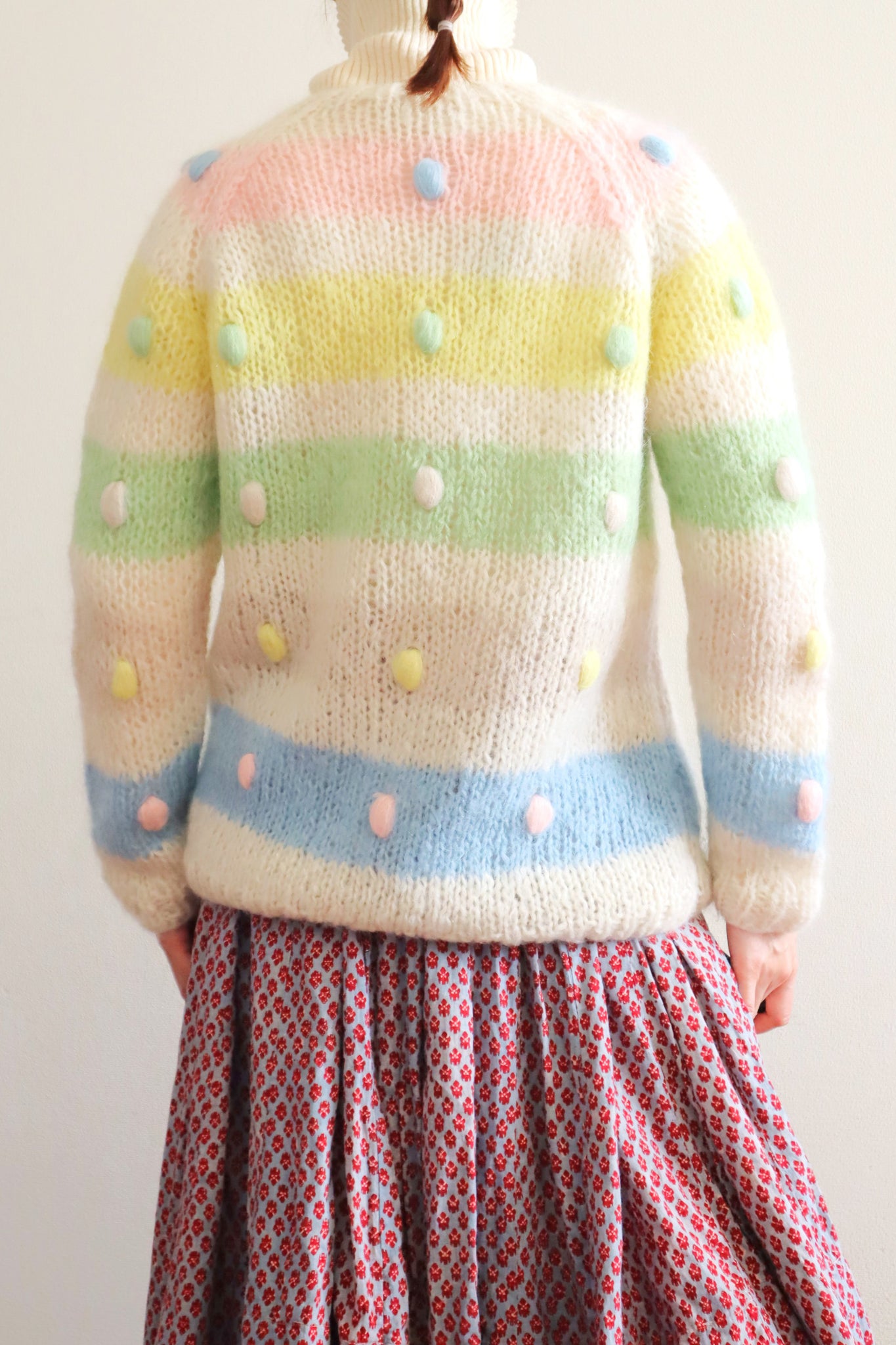 60s Pastel Rainbow Pom Pom Hand Knit Cardigan