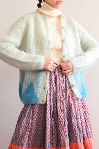 60s Blue Diamond Pattern Hand Knit Mohair Cardigan