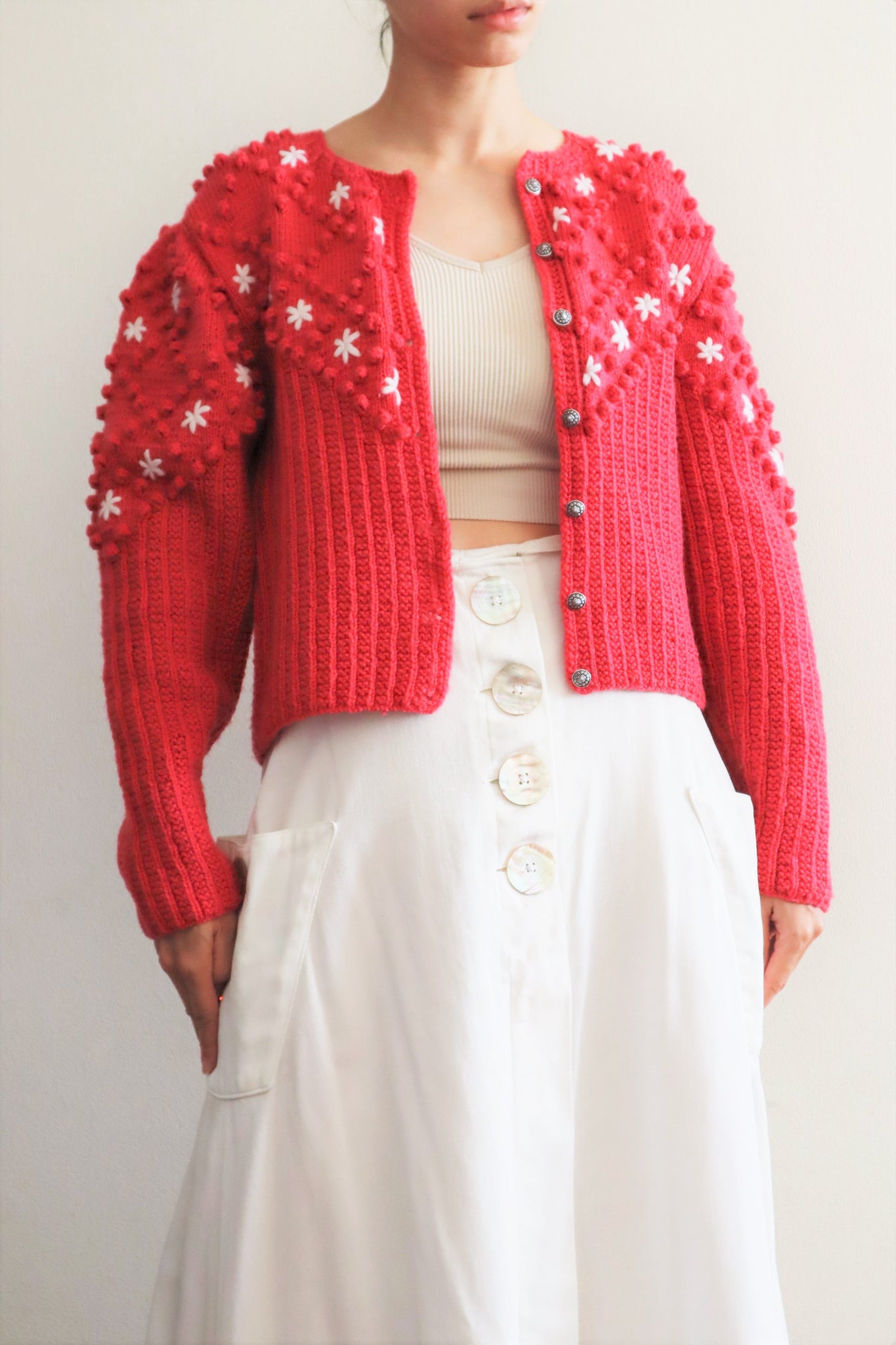 80s Embroidered White Flowers Hand Knit Pink Austrian Cardigan