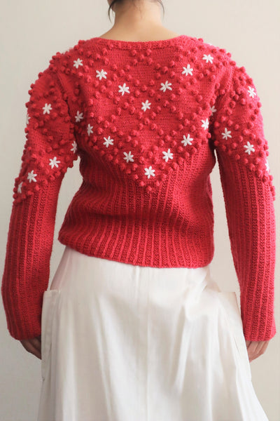 80s Embroidered White Flowers Hand Knit Pink Austrian Cardigan