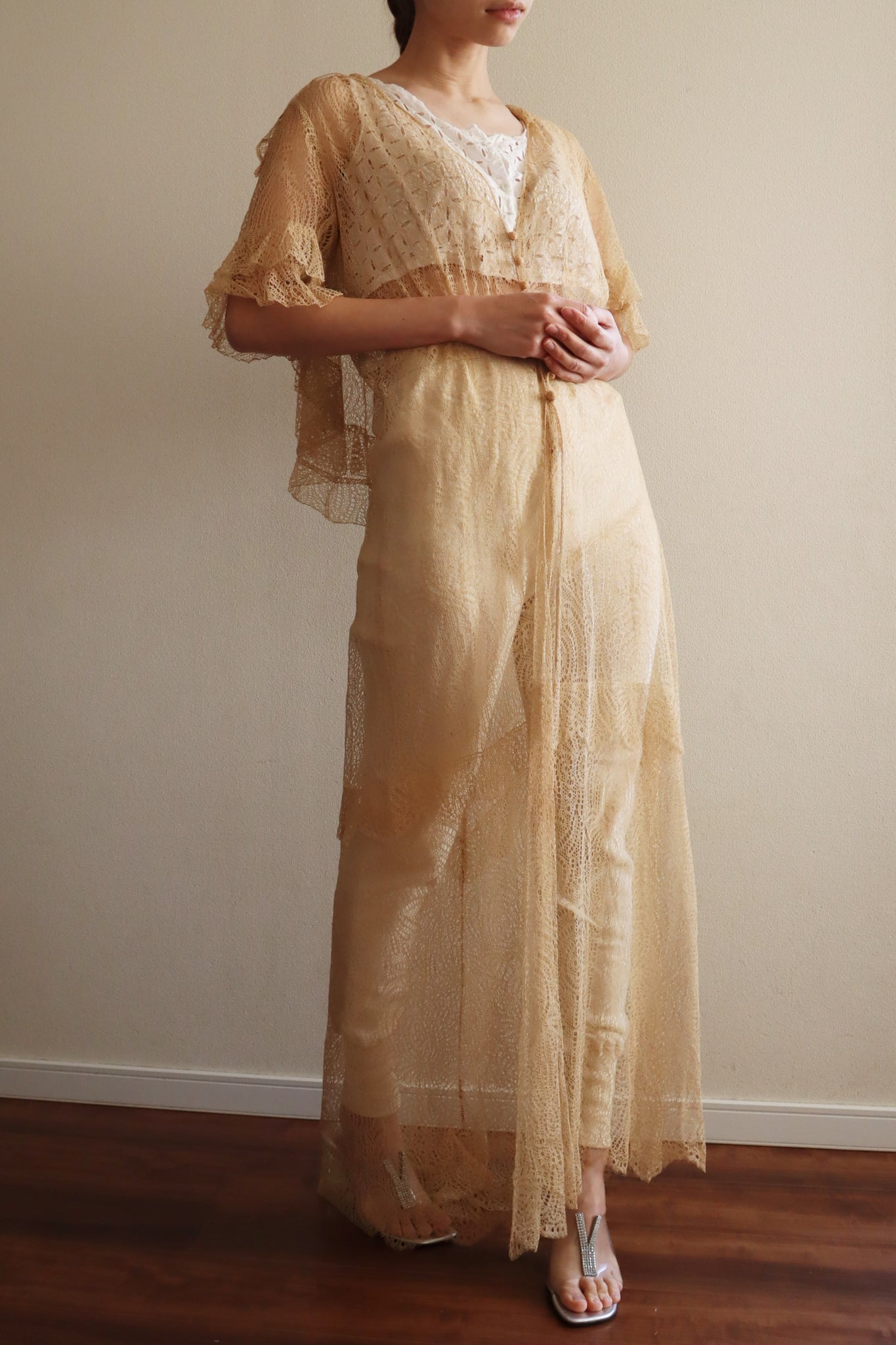 1920s Antique Tea Stain Color Lace Dress