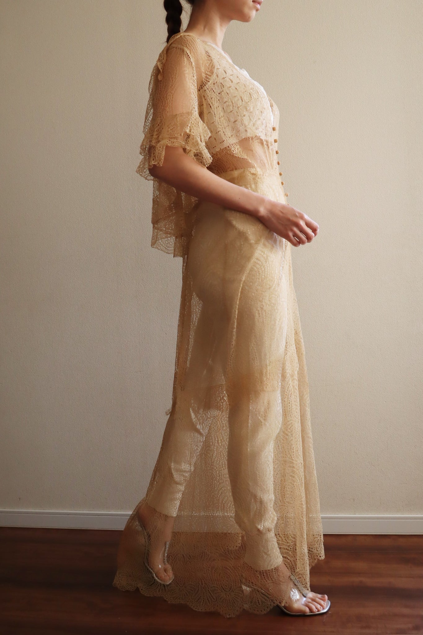 1920s Antique Tea Stain Color Lace Dress