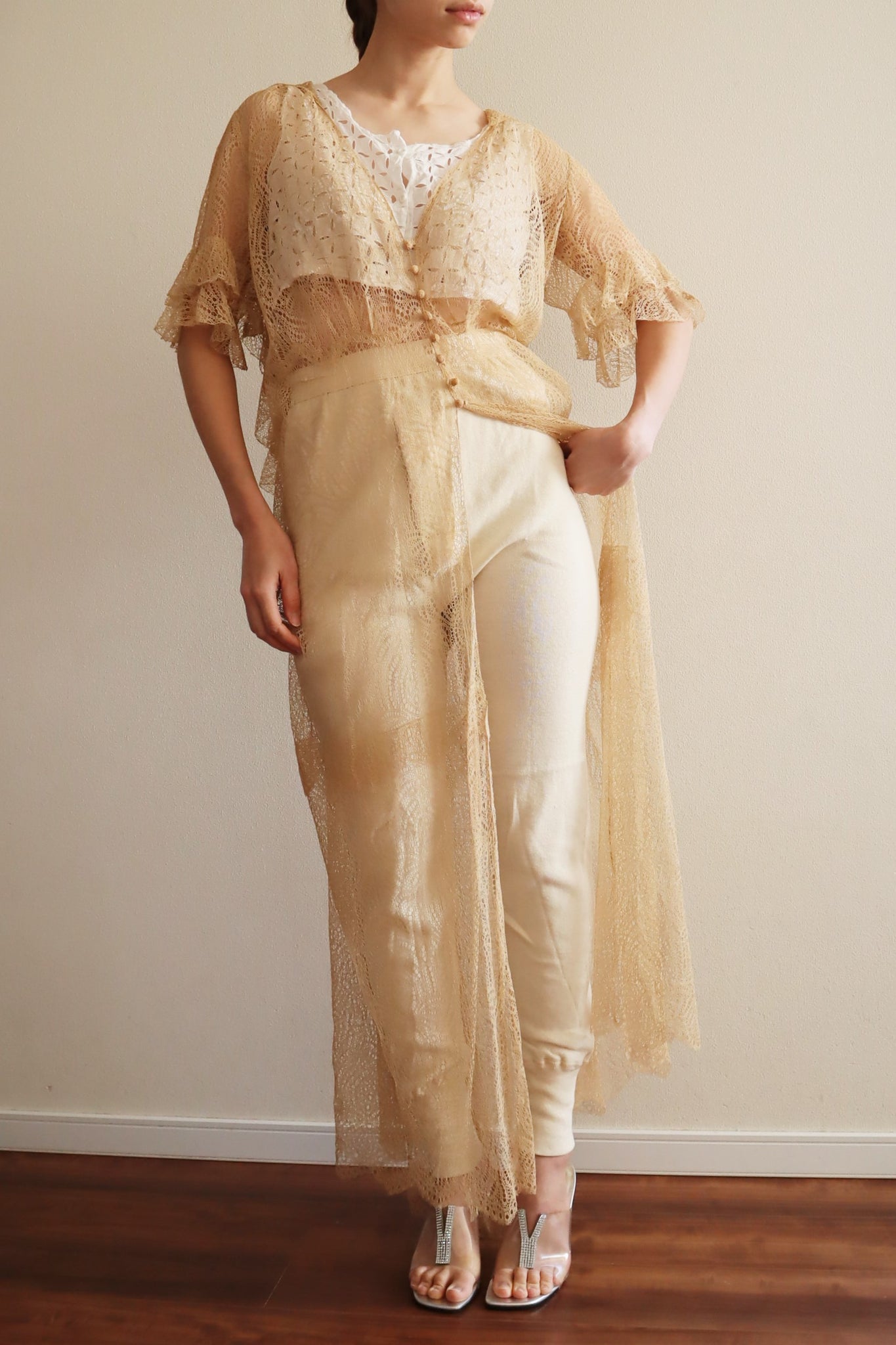 1920s Antique Tea Stain Color Lace Dress