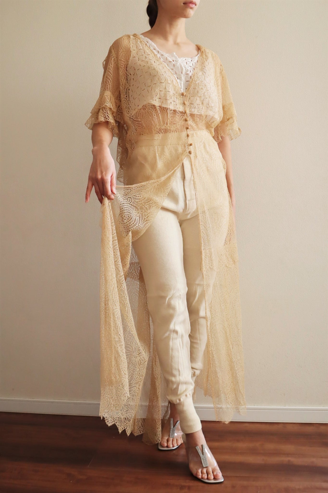 1920s Antique Tea Stain Color Lace Dress