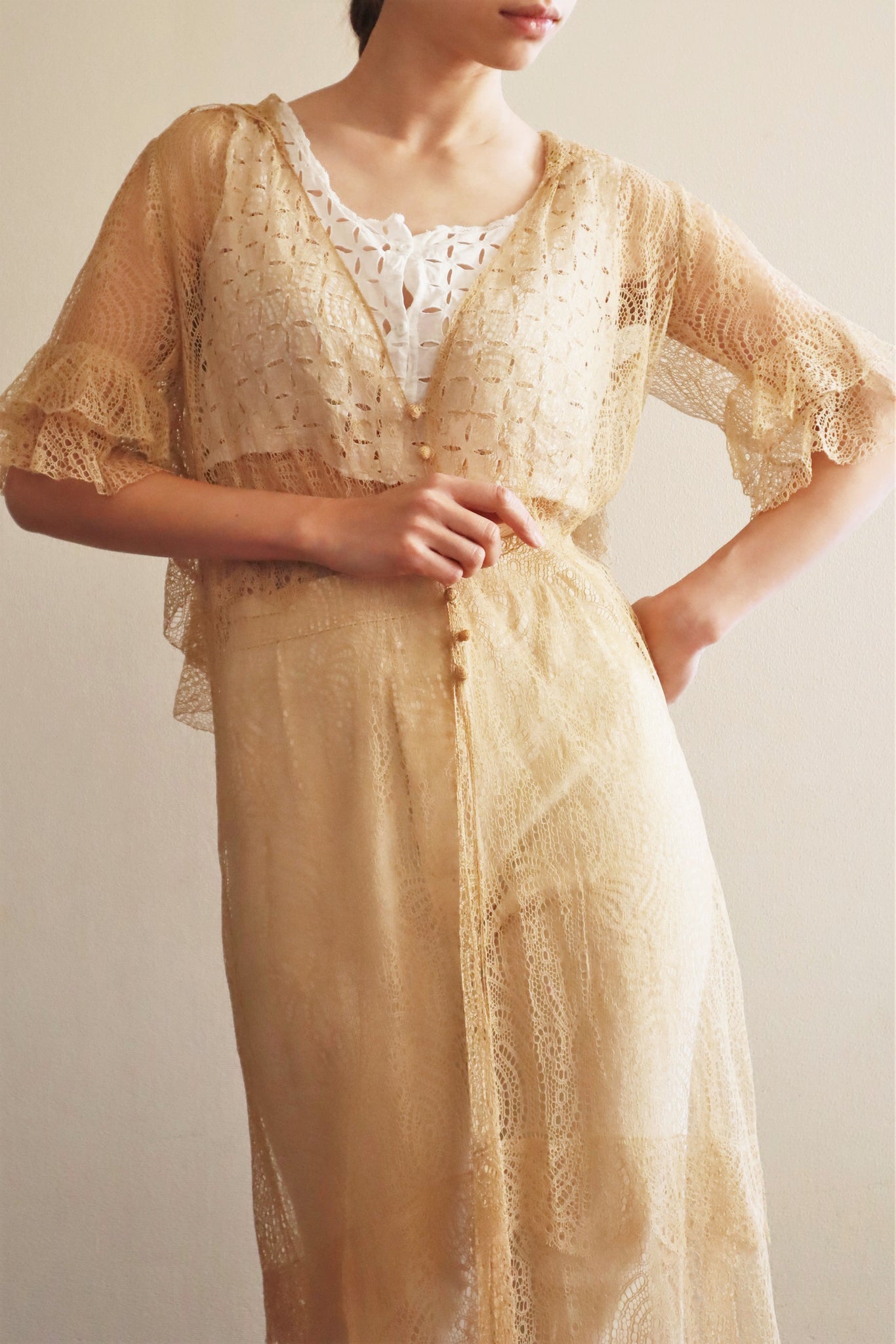 1920s Antique Tea Stain Color Lace Dress