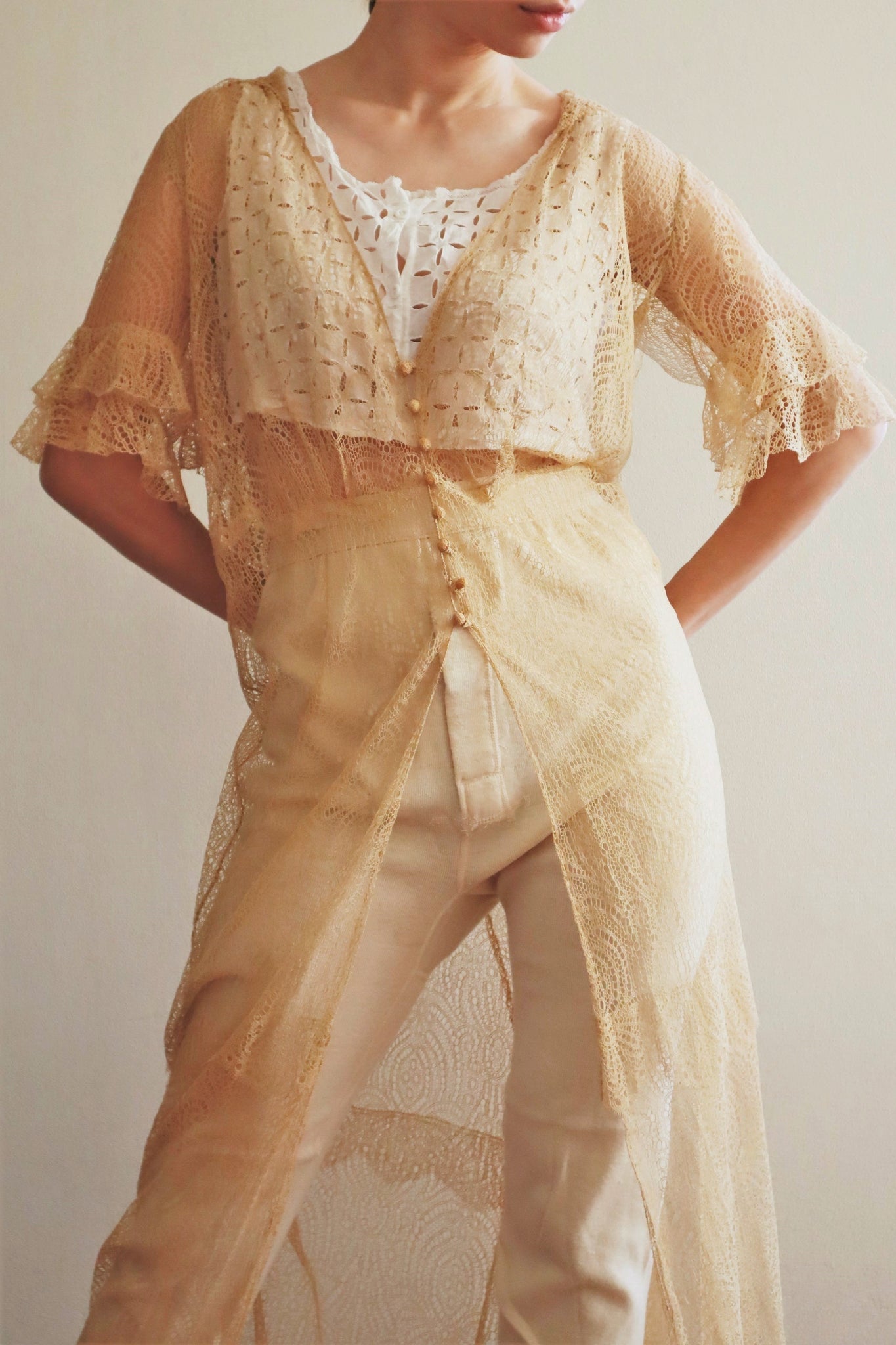 1920s Antique Tea Stain Color Lace Dress