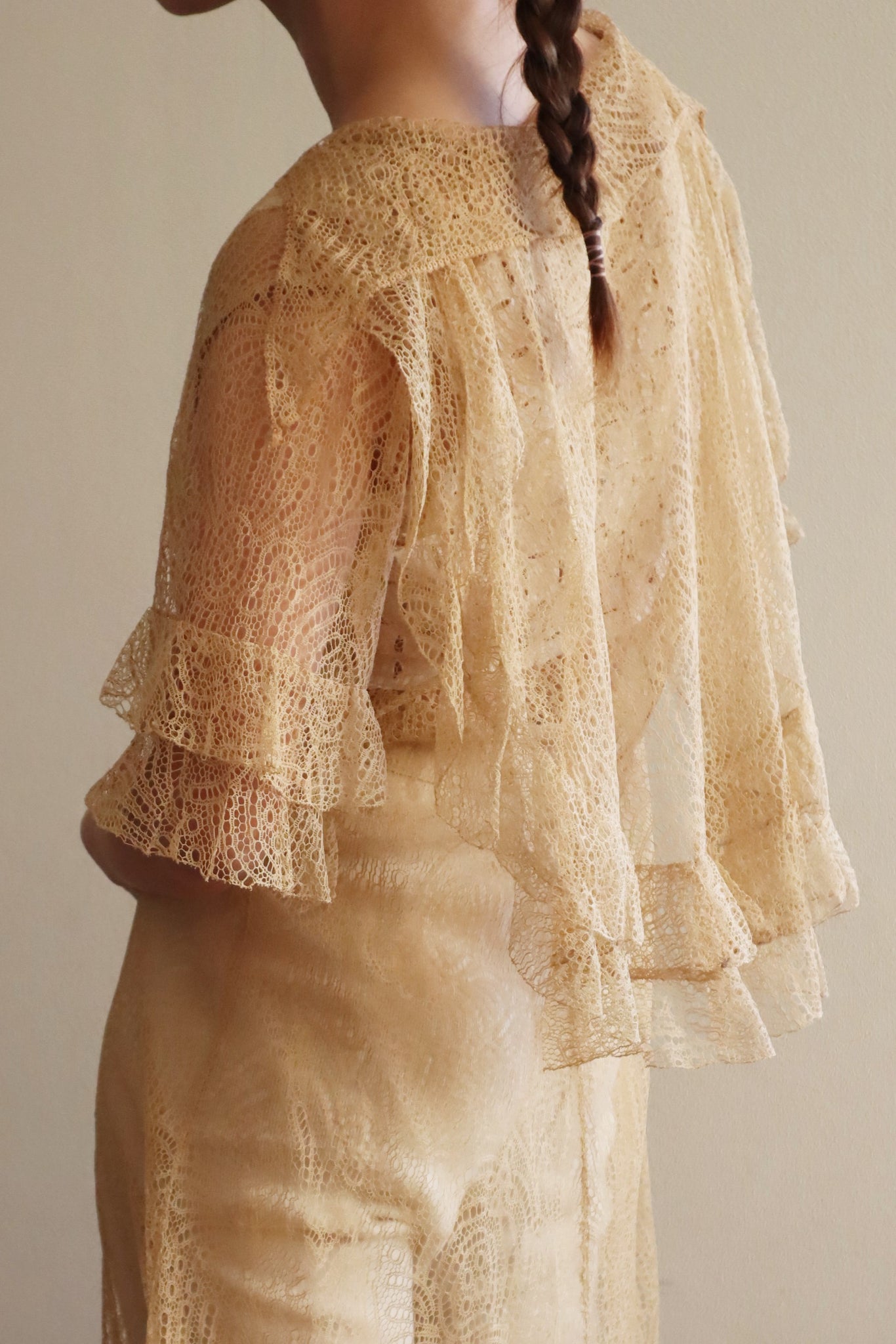1920s Antique Tea Stain Color Lace Dress