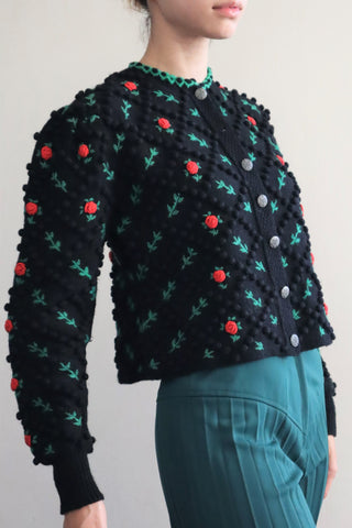 80s 🌹 Hand Knit Black German Folk Cardigan