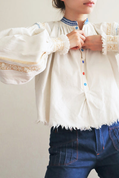 1940s Gold And Blue Hand Embroidered Romanian Blouse