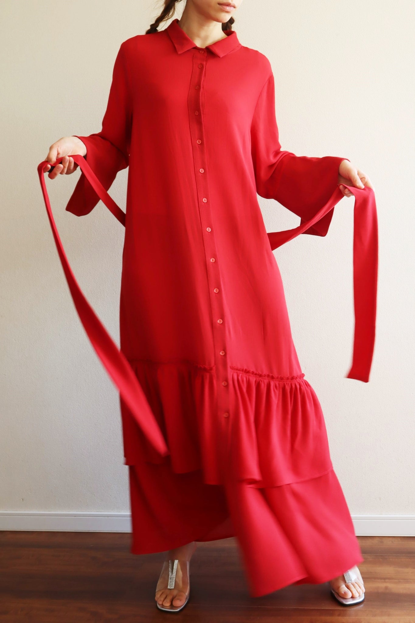 80s Bell Sleeve Dark Red Maxi Dress