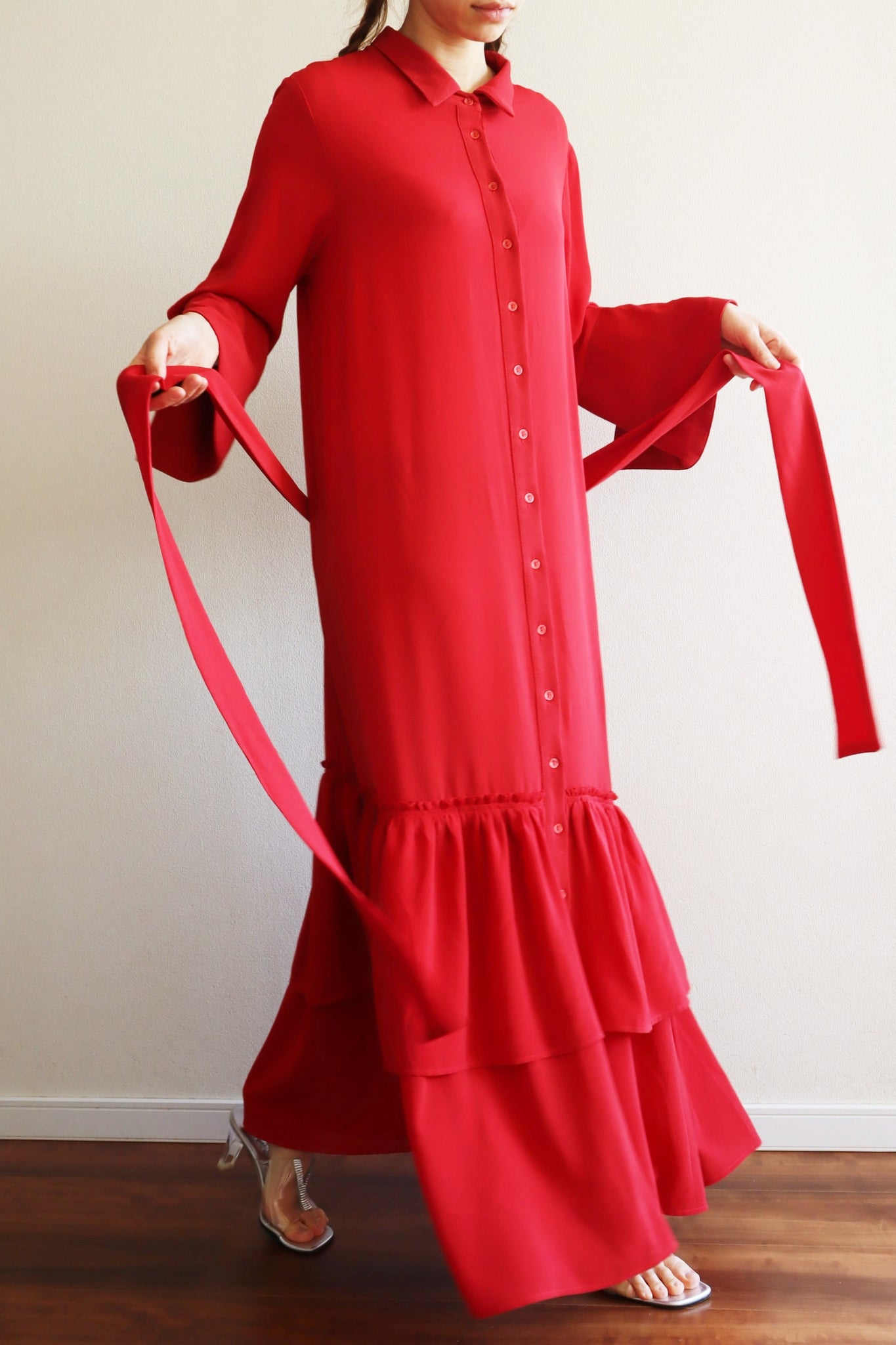 80s Bell Sleeve Dark Red Maxi Dress