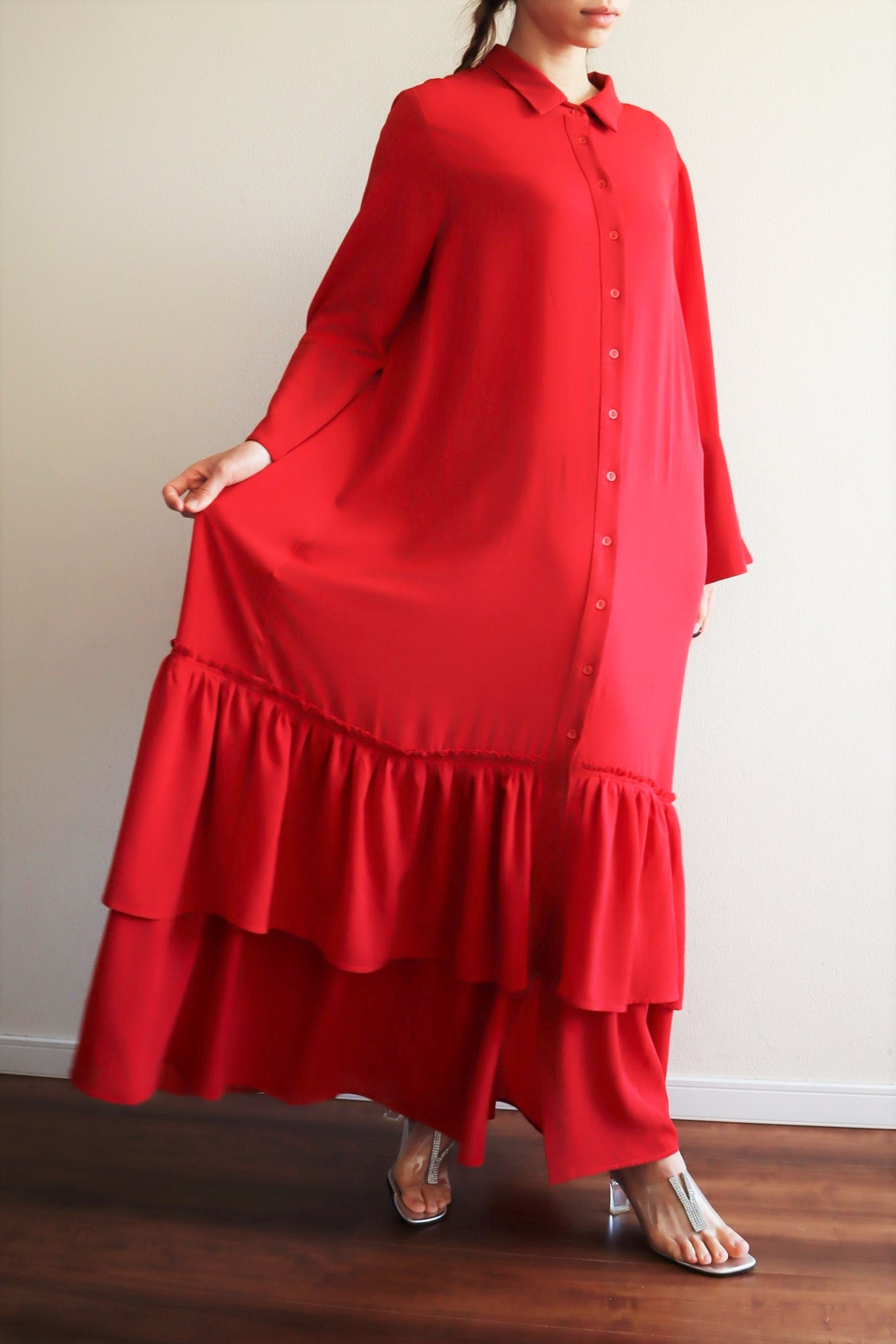 80s Bell Sleeve Dark Red Maxi Dress