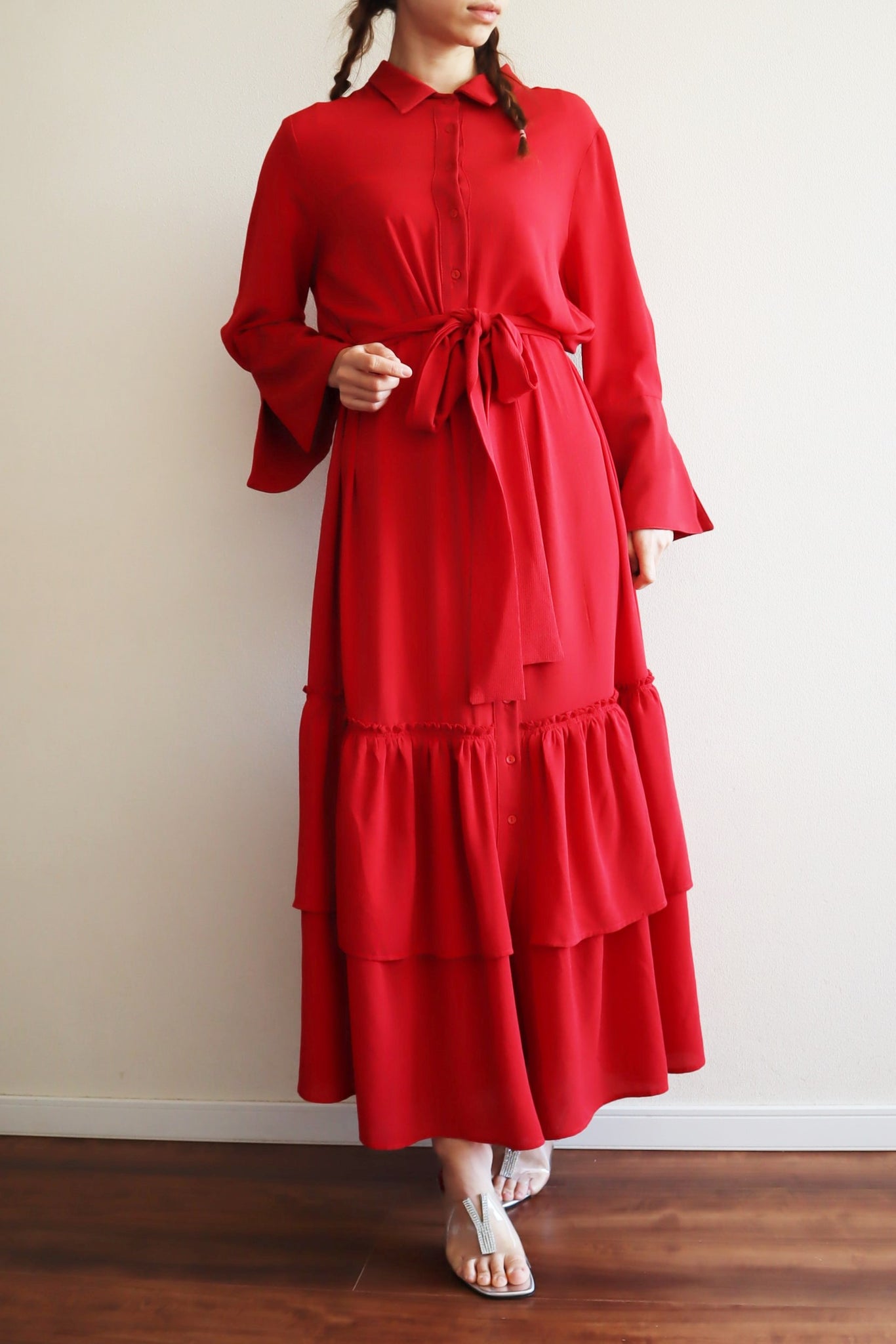 80s Bell Sleeve Dark Red Maxi Dress