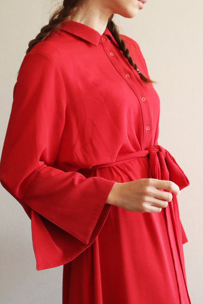 80s Bell Sleeve Dark Red Maxi Dress