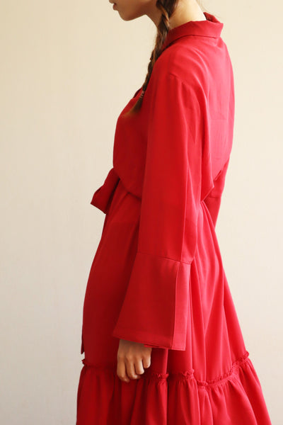 80s Bell Sleeve Dark Red Maxi Dress