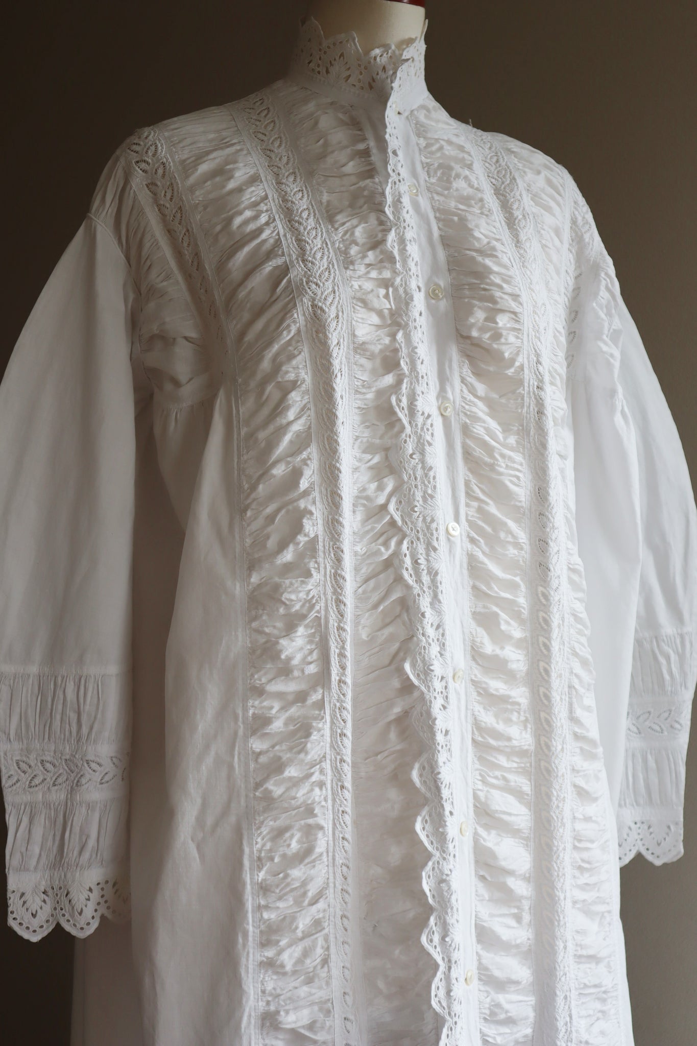 1900s Hand Embroidery Leaf Gather Design White Cotton Long Dress