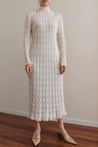 70s Deadstock Crochet Lace Knit Long Dress