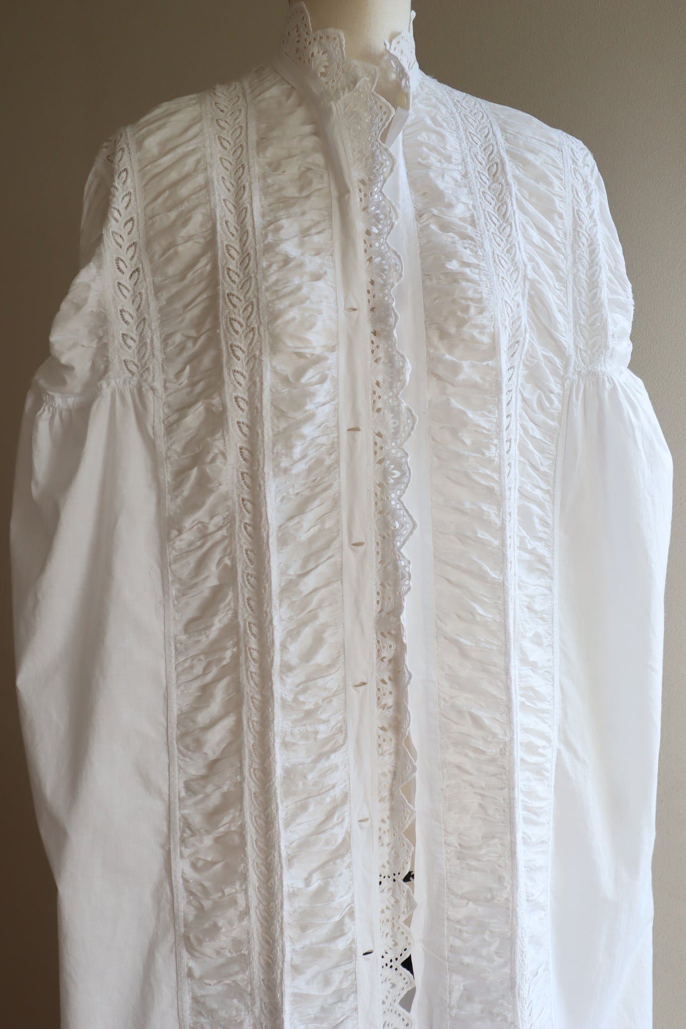 1900s Hand Embroidery Leaf Gather Design White Cotton Long Dress