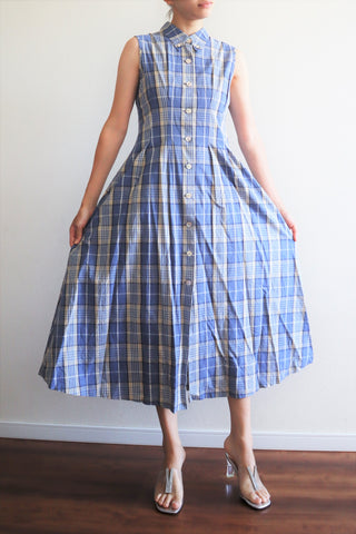 Vintage Blue Plaid Cotton Long Dress