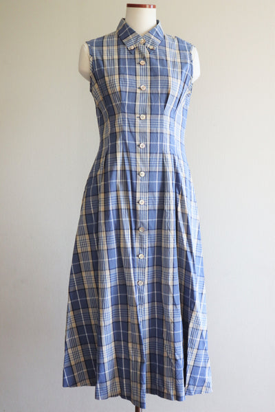 Vintage Blue Plaid Cotton Long Dress