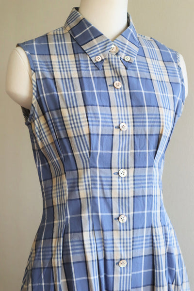 Vintage Blue Plaid Cotton Long Dress