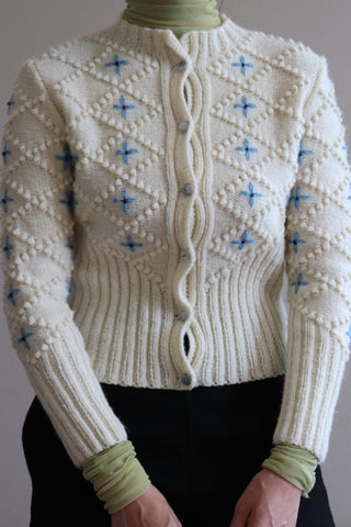 Vintage Austrian Hand knit Cardigan Embroidered Flowers Off White