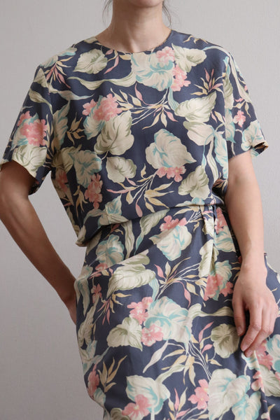 80s Two-Piece Floral Silk Blouse Skirt Set