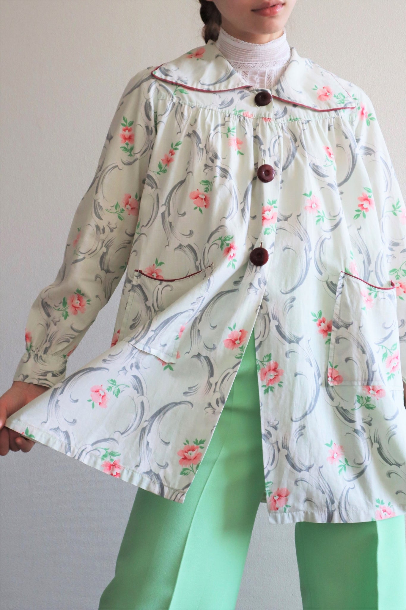 40s Pink Floral Cotton Smock Blouse