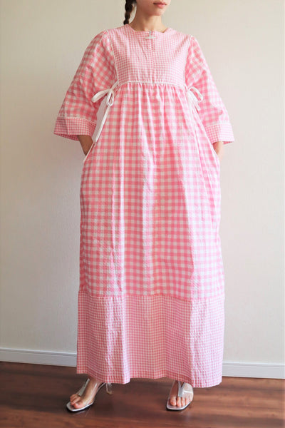 70s Dead Stock Pink Gingham Plaid Cotton Long Dress