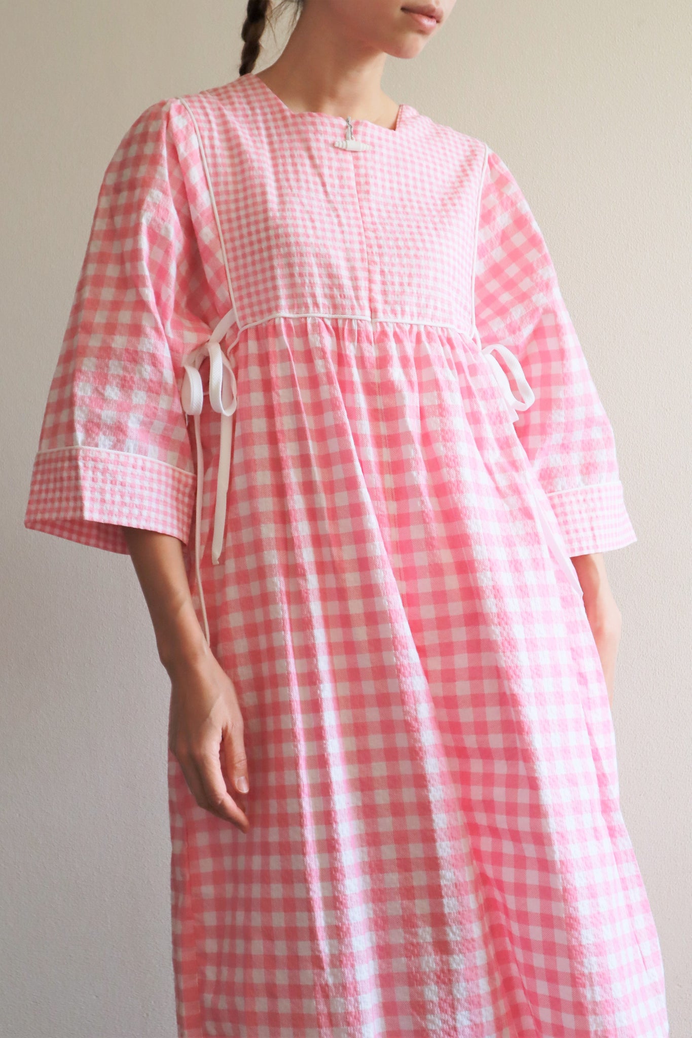70s Pink Gingham Plaid Cotton Long Dress