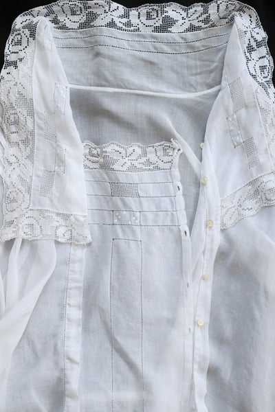 1910s Filet Lace White Lawn Cotton Blouse