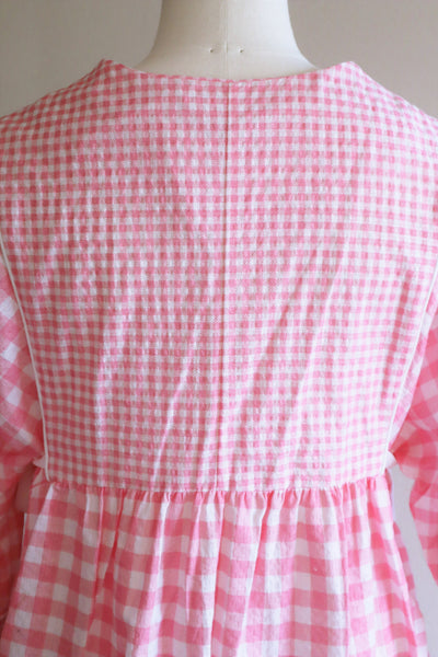 70s Dead Stock Pink Gingham Plaid Cotton Long Dress