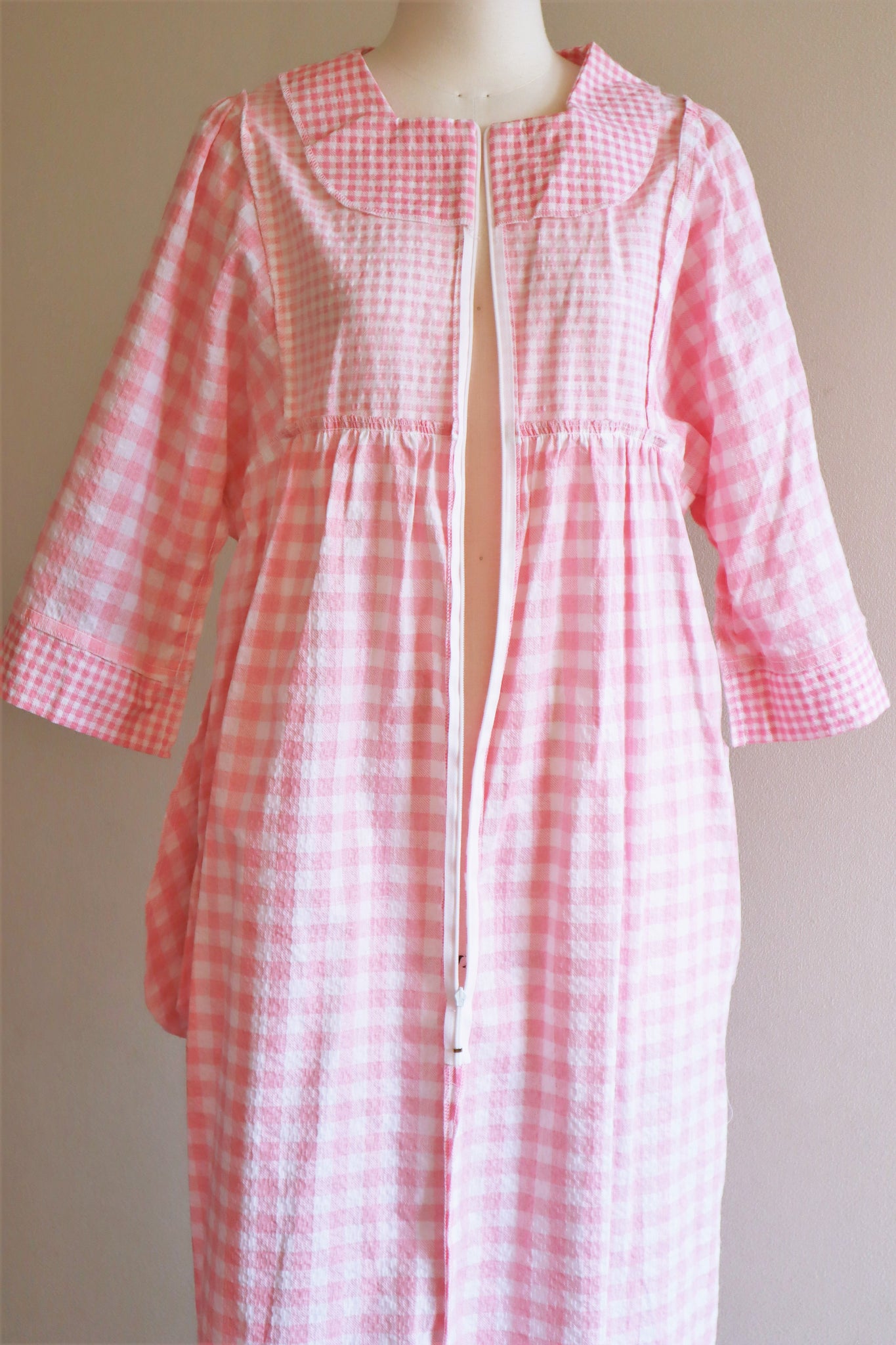 70s Pink Gingham Plaid Cotton Long Dress