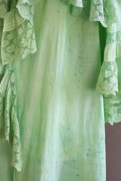 1890s Victorian Hand-dyed Apple Green Bell Sleeve Gown