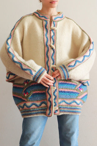 70s~80s Hand-Knit Chunky Wool Cardigan